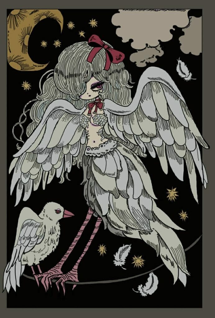 Illustration by Shiu Yoshijima of a crow-like harpy, who is perching on a wire under a crescent moon