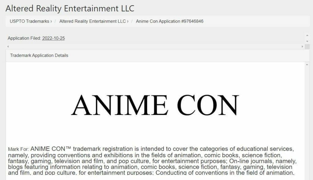 Filing for Anime Con on the US Trademark and Patent Office's website, depicting the "Anime Con" wordmark.