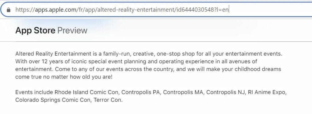 Apple App Store description page for RI Anime Con. Text: "Altered Reality Entertainment is a family-run, creative, one-stop shop for all your entertainment events. With over 12 years of iconic special event planning and operating experience in all avenues of entertainment. Come to any of our events across the country, and we will make your childhood dreams come true no matter how old you are! Events include Rhode Island Comic Con, Contropolis PA, Contropolis MA, Contropolis NJ, RI Anime Expo, Colorado Springs Comic Con, Terror Con."