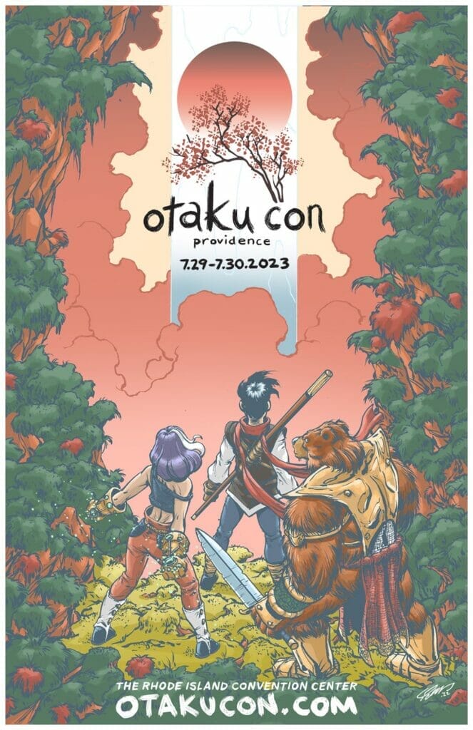 Key Visual for Otaku Con Providence, that depicts three vaguely manga-inspired adventurers entering a clearing with the convention's logo. Text: Otaku Con Providence 7.29 - 7.30.2023 The Rhode Island Convention Center OtakuCon.com