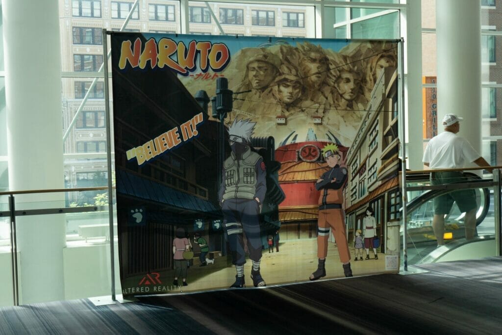 Photo of a canvas banner depicting the characters of Naruto posing against a backdrop.