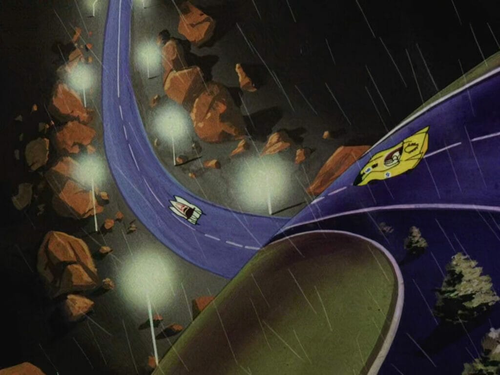Still from the Mach GoGoGo anime showing cars speeding up a warped, looping slope
