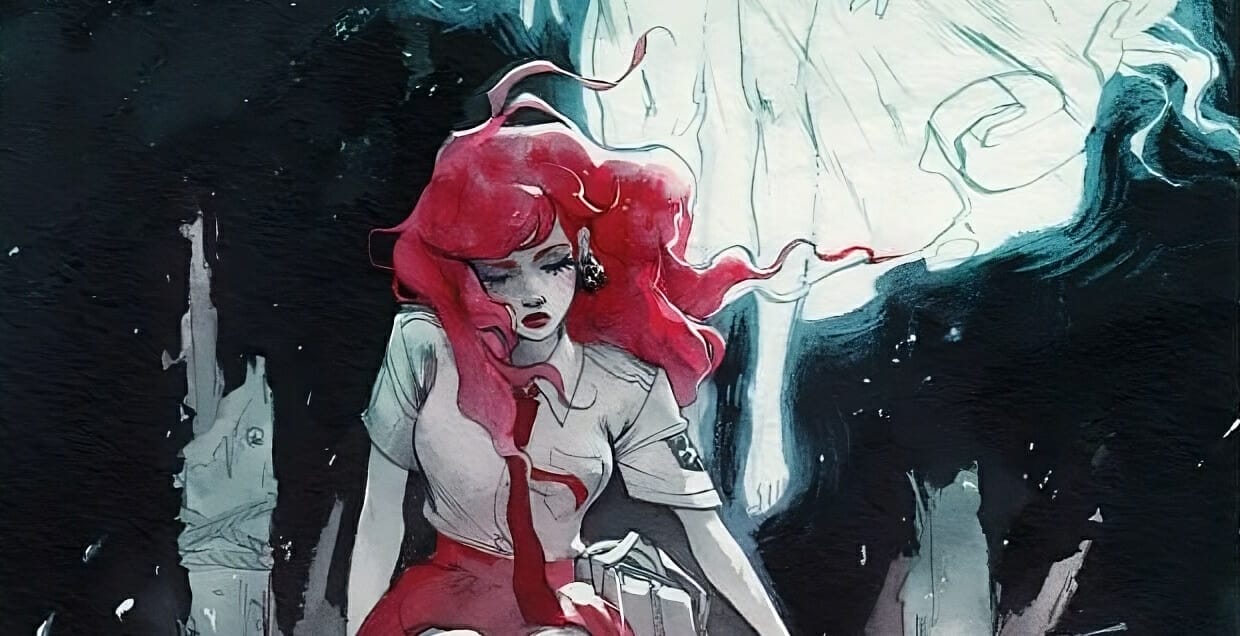 A red-haired woman in a crimson skirt and blouse sits on the edge of a dock, as a ghost looms behind her.