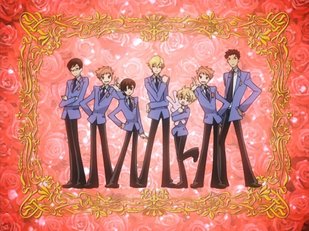 Screenshot from Ouran High School Host Club that depicts seven students dressed in host uniforms, posing against a red background and surrounded by a gilded frame.