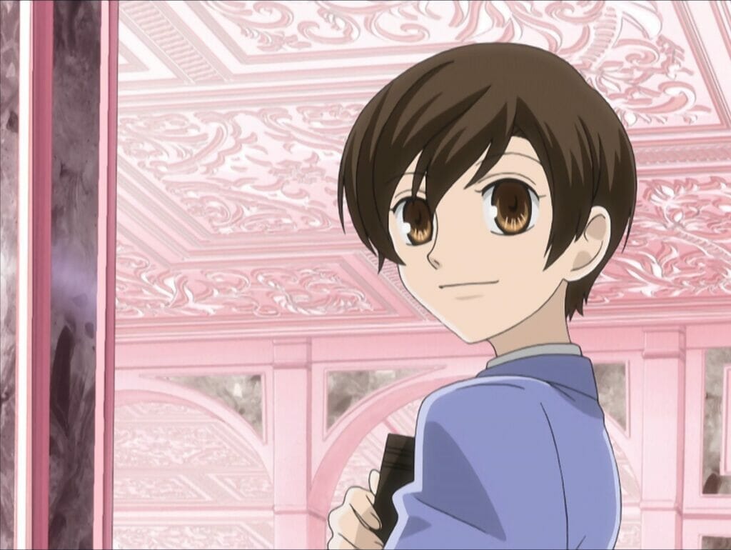 Screenshot from Ouran High School Host Club that depicts Haruhi smiling at the camera.