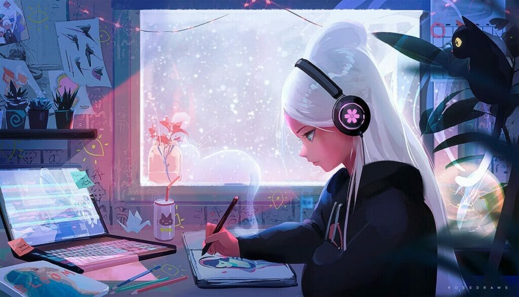 Nima, a white-haired woman wearing a hoodie and headphones, writes notes in a small office.