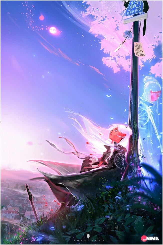 Nima, a white-haired woman wearing a black coat, leans against a lamppost as a breeze blows by at sunset.