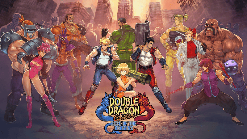 Key visual for Double Dragon Gaiden, which depicts the playable characters surrounded by a gang of enemies.