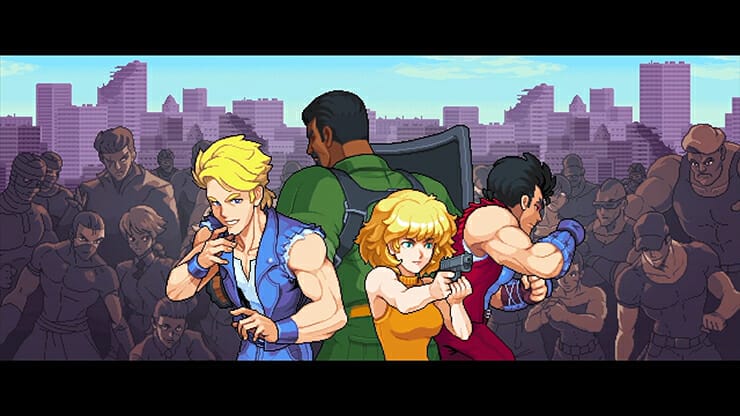 Screenshot from Double Dragon Gaiden that depicts a cutscene shot of the main characters standing back-to-back as they face down a gang of thugs.