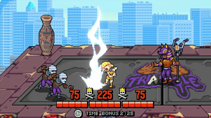 Screenshot from Double Dragon Gaiden that depicts the player character calling down a blast of lighting.