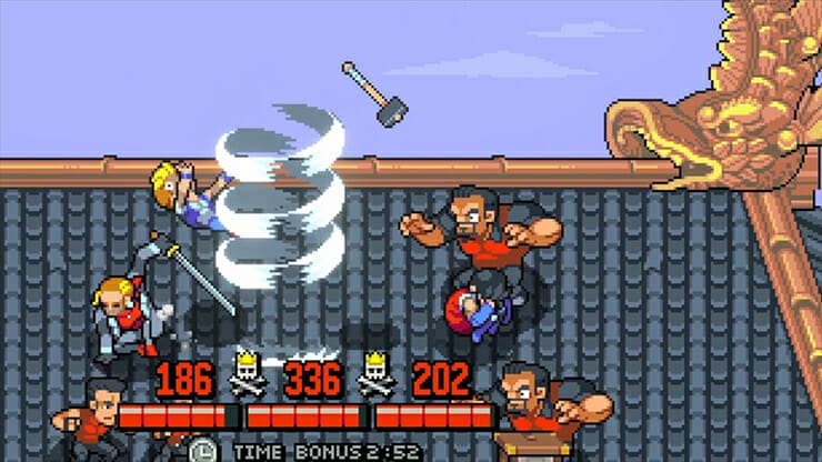 Screenshot from Double Dragon Gaiden that depicts Billy Lee fighting a massive, muscle-bound brawler on a rooftop.