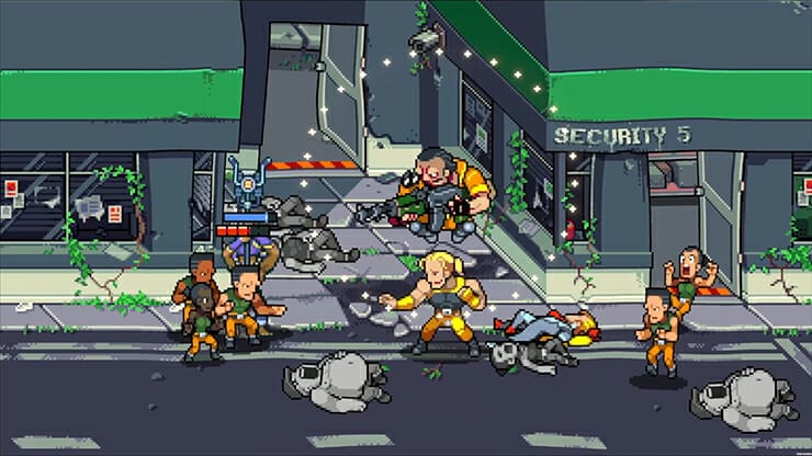 Screenshot from Double Dragon Gaiden that depicts a multiplayer game as players fight down heavily armed commandos in a cityscape