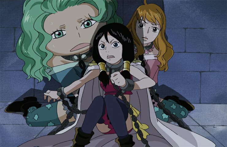 Screenshot from One Piece that depicts Boa Hancock shielding her sisters from a looming threat.