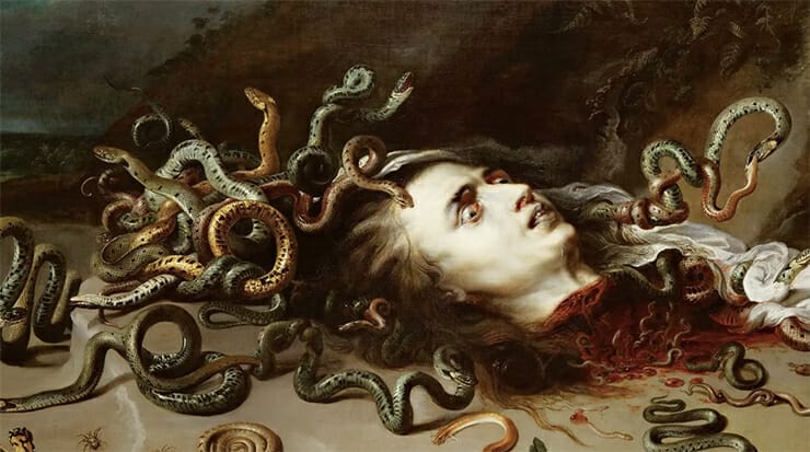 Peter Paul Rubens' Medusa, which depicts the beheaded Medusa staring up at the sky, eyes dull and lifeless, as blood oozes from the stump.