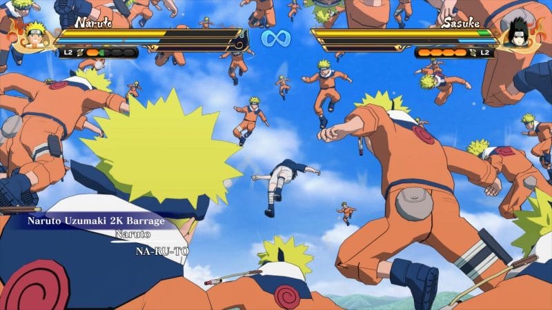 Screenshot from Naruto x Boruto: Ultimate Ninja Storm Connections that depicts a swarm of Narutos descending on their opponent.