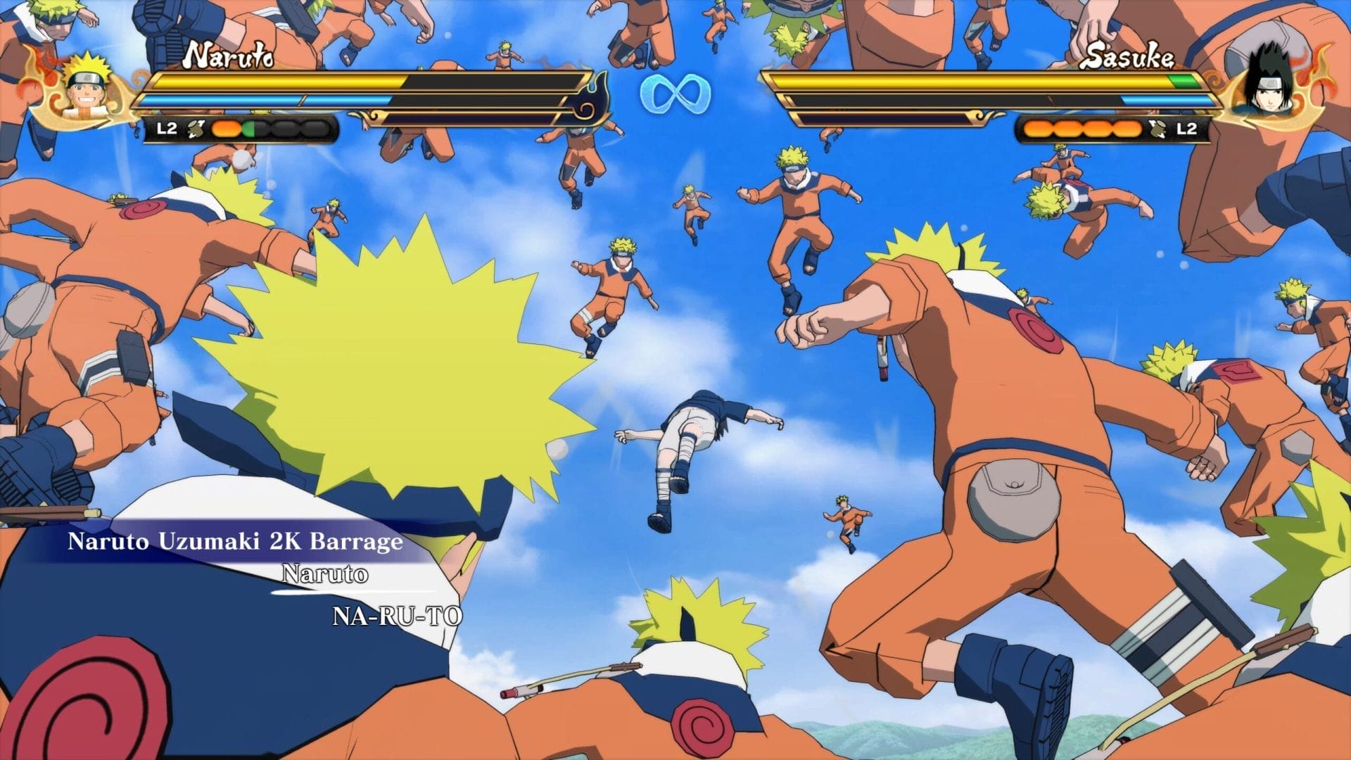 Screenshot from Naruto x Boruto: Ultimate Ninja Storm Connections that depicts a swarm of Narutos descending on their opponent.