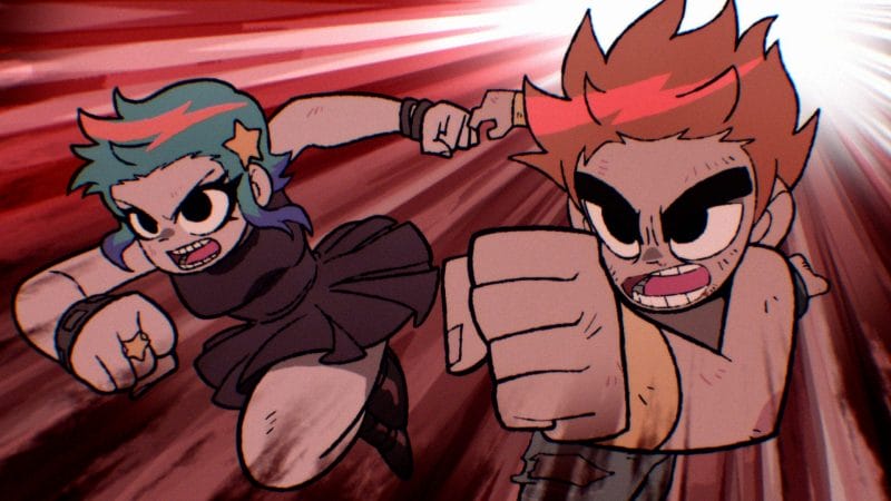 Screenshot from the Scott Pilgrim Takes Off cartoon that depicts Scott - a brown-haired man and Ramona Flowers, a blue-haired woman wearing a black dress and boots, as they charge at the camera.