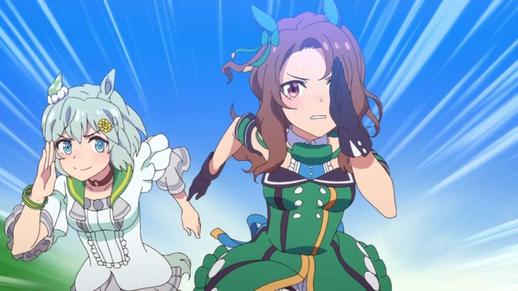 Screenshot from Uma Musume: Pretty Derby that depicts a brown-haired horse girl in a green dress running as a green-haired girl in a white dress closes the distance with her.