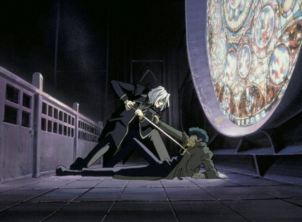 Screenshot from Cowboy Bebop that depicts Vincent pinning Spike down with his blade, as Spike points his gun up at him.