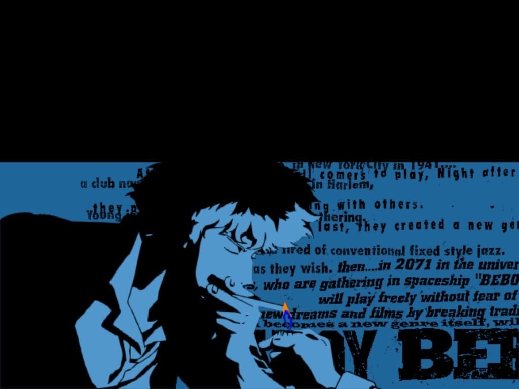 Screenshot from the Cowboy Bebop introduction that features a silhouette of Spike lighting a cigarette against a blue background.