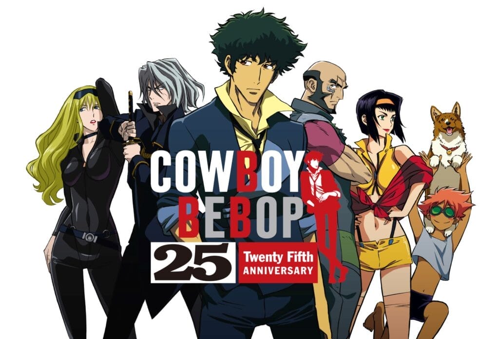 Key visual for the Cowboy Bebop 25th Anniversary 25th Anniversary that depicts Spike, Jet, Faye, Ed, Ein, Vicious, and Julia against a white background.