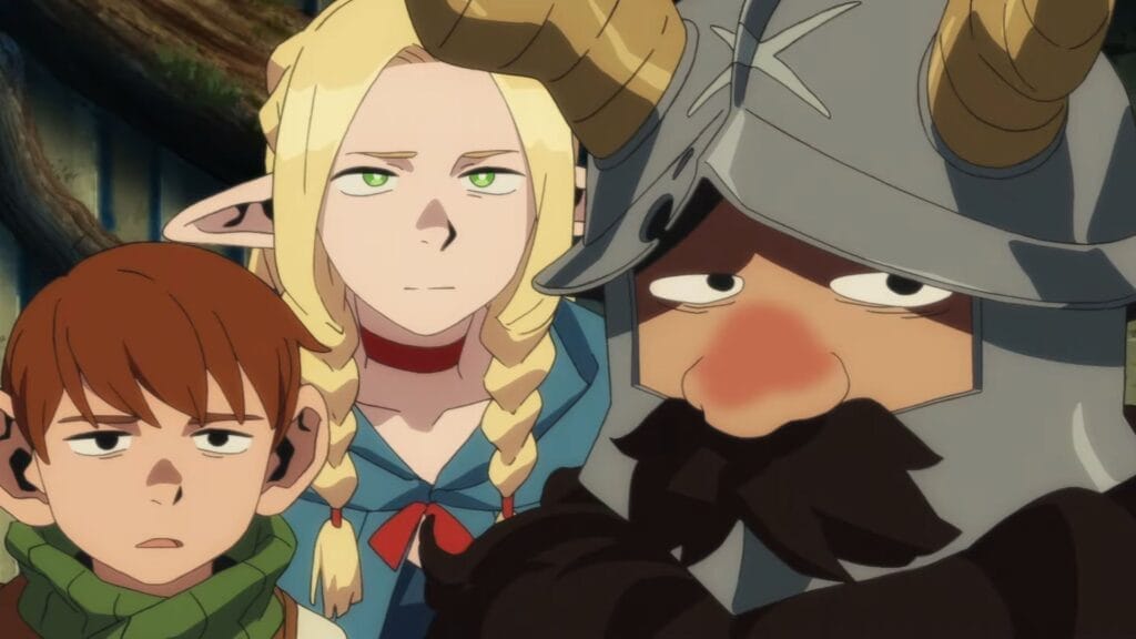 Screenshot from the Delicious in Dungeon anime that depicts Senshi, Marcille, and Chilchuk giving a flat glare to someone offscreen.