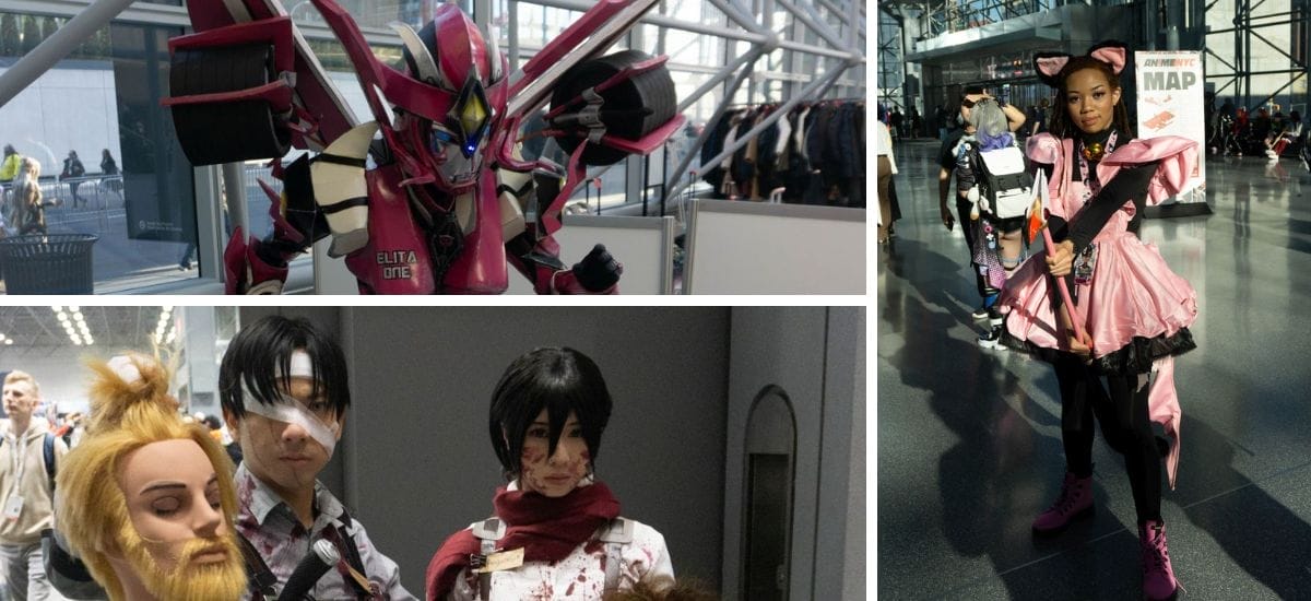 Cosplayers at Anime NYC 2023, which include: Elita One, Levi and Mikasa from Attack on Titan, and Sakura from Cardcaptor Sakura.