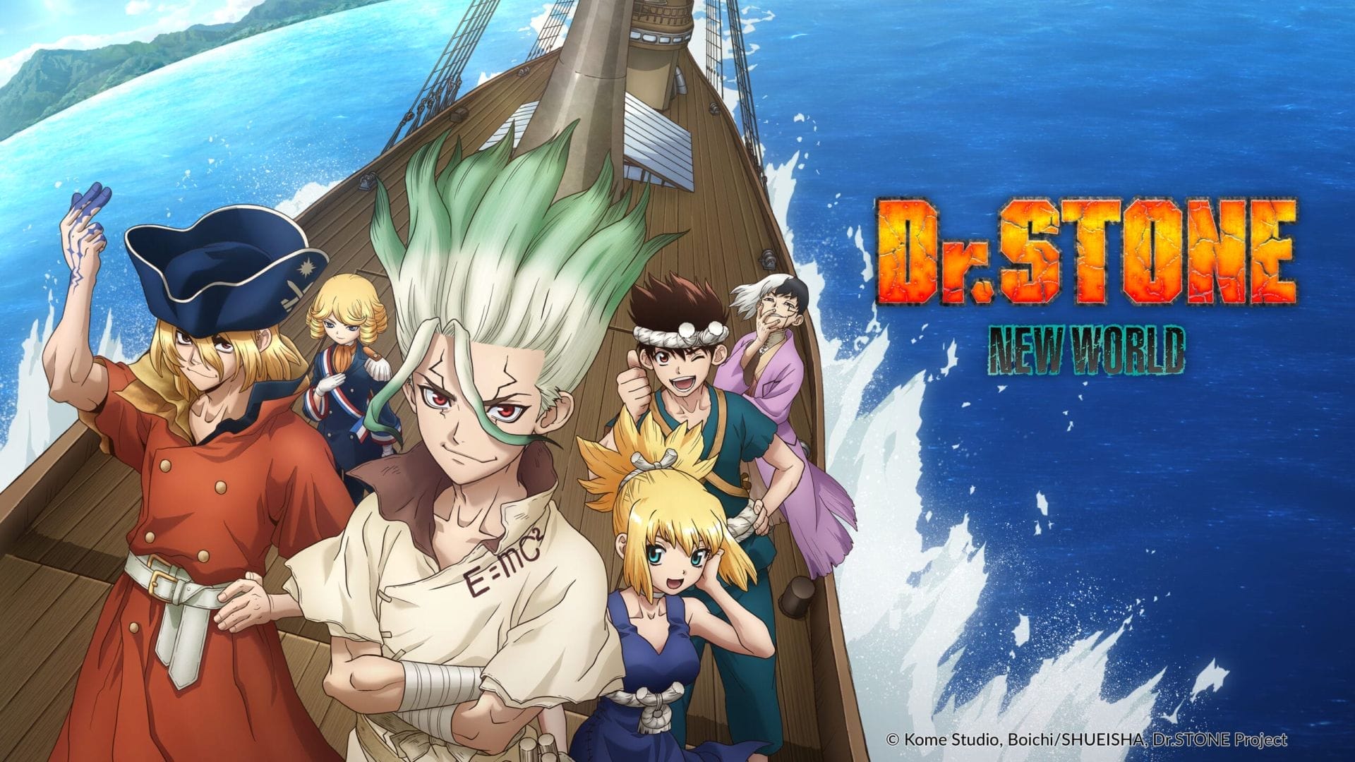 Key Visual for Dr. Stone The New World that depicts the main cast on a boat sailing across the vast blue ocean.
