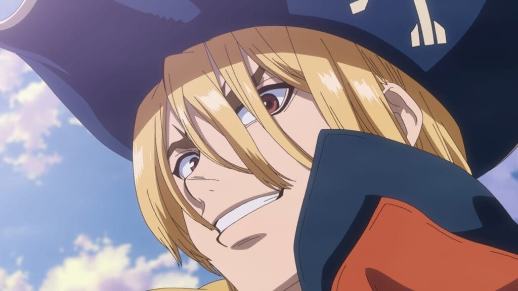 Screenshot from the third season of Dr. Stone depicting a blonde man dressed like a pirate