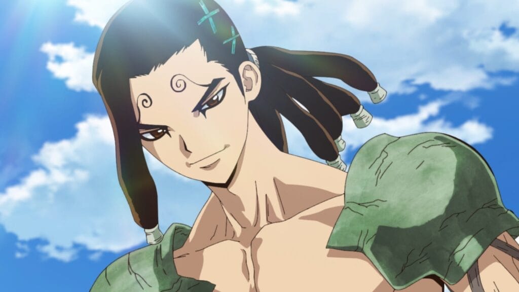 Screenshot from Dr. Stone season 3, depicting a raven-haired man with green shoulder pauldrons