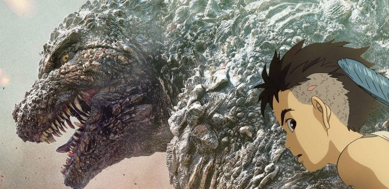 Godzilla and Mahito from The Boy And The Heron both run side-by-side, looking off-camera at something in unison