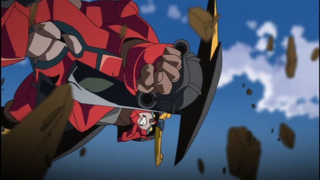 Screenshot from Gurren Lagann that depicts the titular robot sneering as it tries to get a shot off.