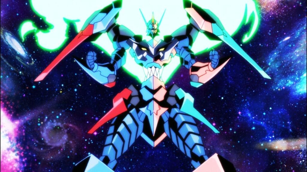 Screenshot from Gurren Lagann The Movie, that depicts a giant robot, posing dramatically.