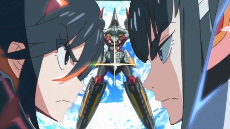 Ryuko and Satsuki from Kill la Kill glare at each other, as the Tengen Toppa Gurren Lagann robot from its eponymous show poses in the background.