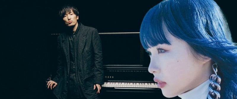 Hiroyuki Sawano is wearing a black suit, as he stands before a grand piano. A photo of SennaRin is superimposed in the foreground.