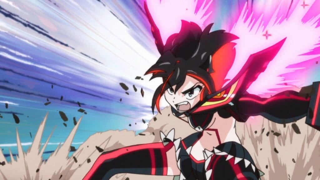 Screenshot from Kill la Kill that depicts Ryuko, clad in her battle gear, rushing in for a super attack.