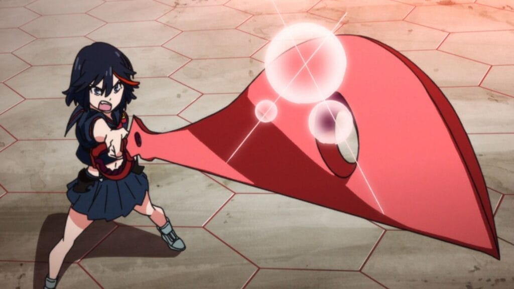 Screenshot from Kill la KIll that depict s Ryuko pointing her scissor blade at the camera.