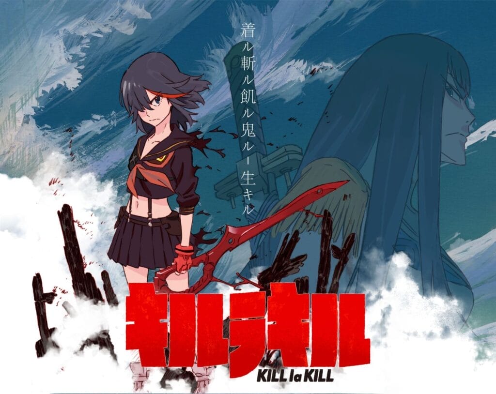 Key visual for Kill la Kill that depicts Ryuko, clad in Kamui Senketsu, standing with her scissor blade as the faded image of Satsuki glowers at her.