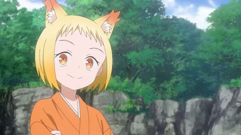 Screenshot from the Sengoku Youko anime that depicts a blonde catgirl wearing an orange kimono.