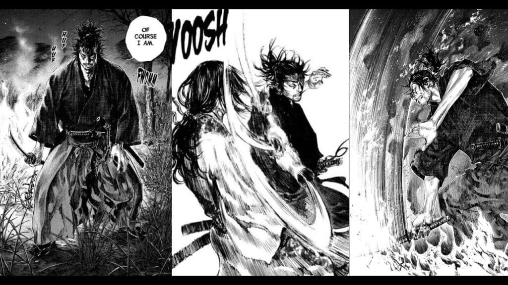 Three panels from Vagabond, which depicts a duel between two samurai.