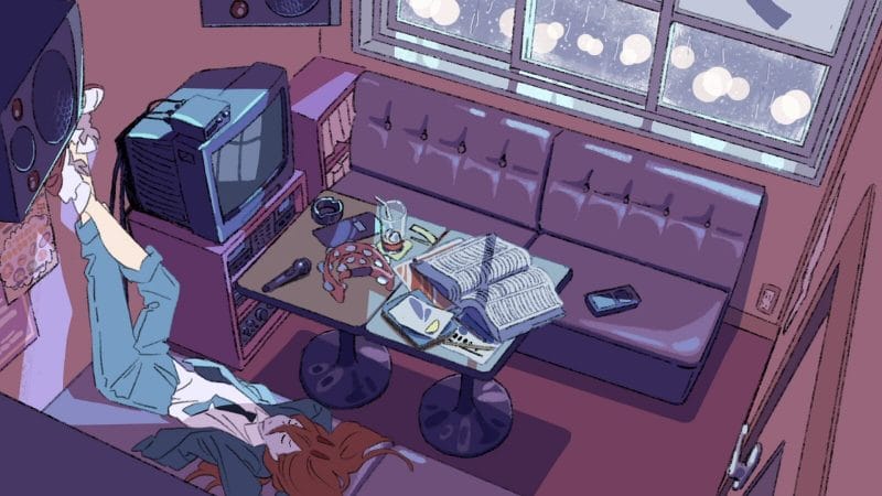 Illustration of a woman in a blazer and tie, wearing jeans, as she lays in a cozy media room. A CRT TV sits in the middle of the left side, as the window at the back hints at a greater world beyond. The woman is reclined, her legs running up the wall as she wears a contemplative expression.