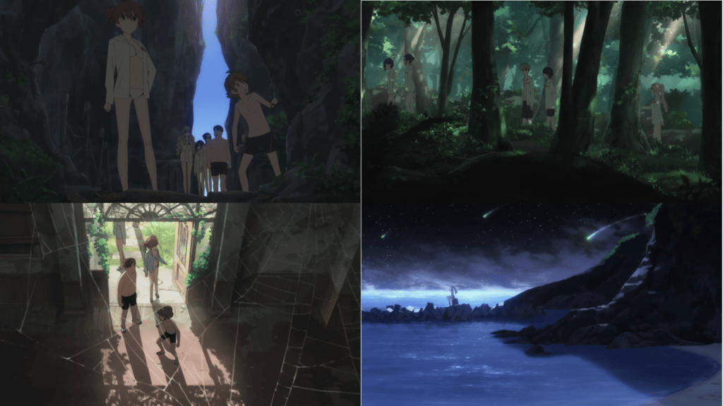 Screenshots from Darling in the Franxx episode 7 that depict the cast exploring a series of meditative, quiet environmental scenes.