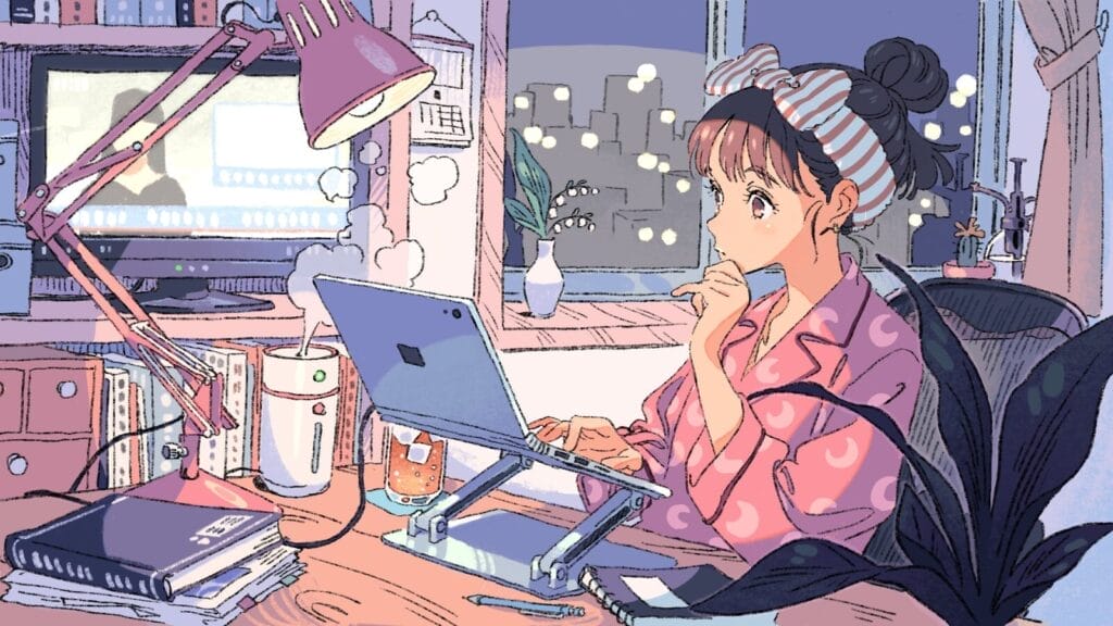 Digital painting by Hitomi Kariya of a woman in her pajamas working on her laptop at a small desk. It's snowing outside, and a humidifier is blowing damp air into the room. A TV in the background is playing the daily news.