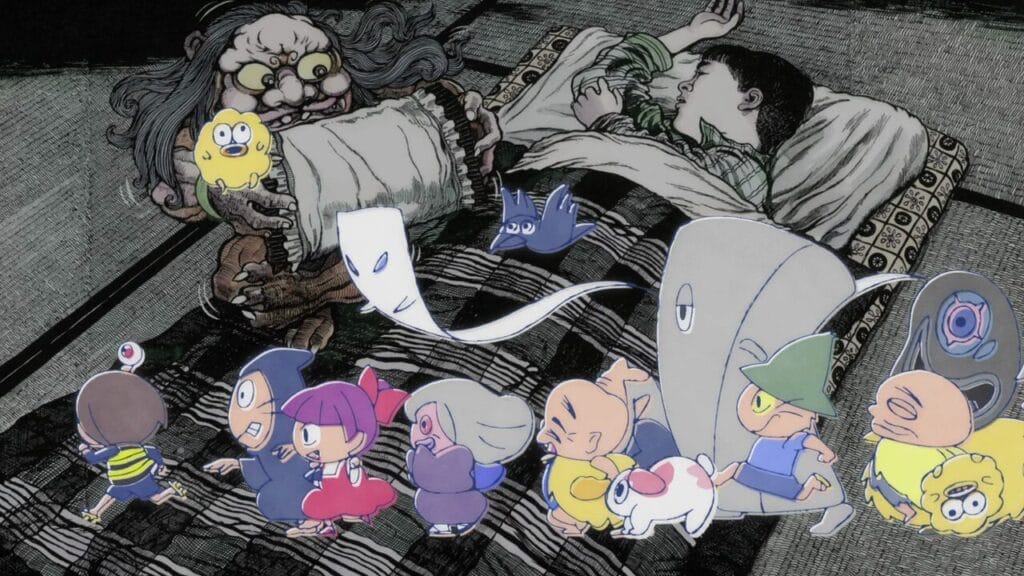 Screenshot from Gegege no Kitaro that depicts a chibi yokai parade marching over a realistic drawing of a child sleeping as a pillow-bearing yokai looms nearby.