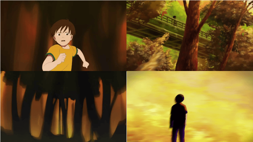 A series of screenshots from The Dragon Dentist that depict a sequence in which a character runs through a forest, to a quiet, open space.