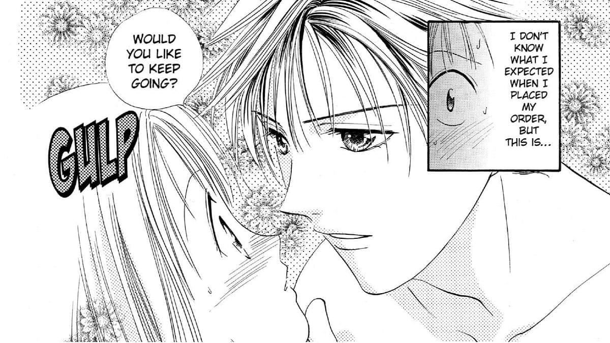 Absolute Boyfriend Volume 1 panel that depicts Night looking into Riiko's eyes. She's blushing, her internal thoughts read: "I don't know what I expected when I placed my order, but this is..."Night asks "Would you like to keep going?" which prompts a gulp from Riiko