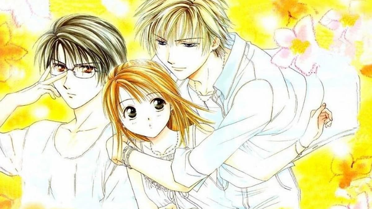 Promotional image for the Absolute Boyfriend manga that depicts Night hugging Riiko, who's looking at him curiously. Soushi fixes his glasses off to the left of the scene.