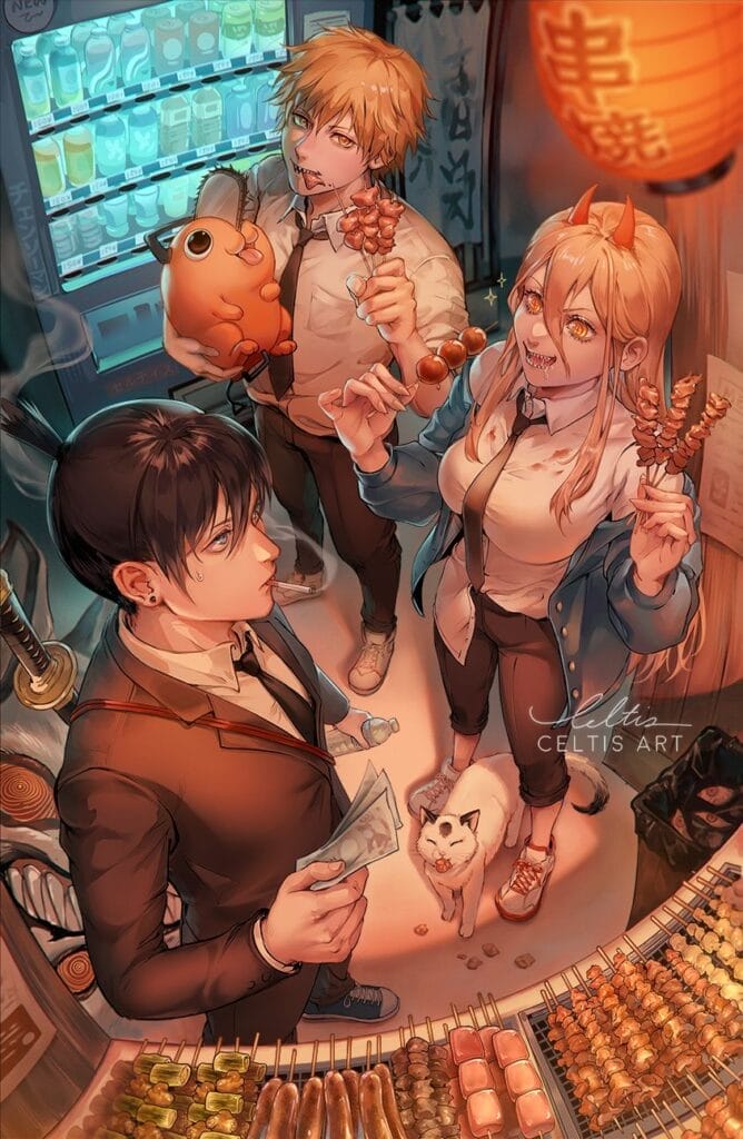 Art by Celtis that depicts Denji, Power, and Hayakawa in a convenience store. Denji is holding Pochita, as Power chows down on meat skewers.