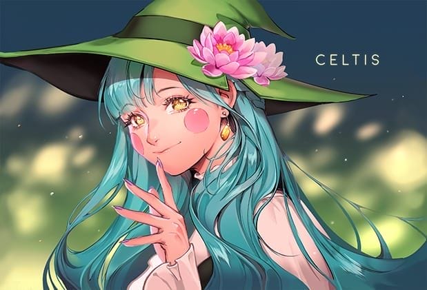 Art by Celtis, which depicts a smiling, aqua-haired woman wearing a lily pad-inspired hat.