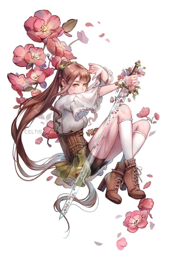 Artwork by Celtis, taht depicts a brown-haired woman in a white blouse, green skirt, and brown leather corset posing with a transparent sword, in front of a white background adorned with pink flowers